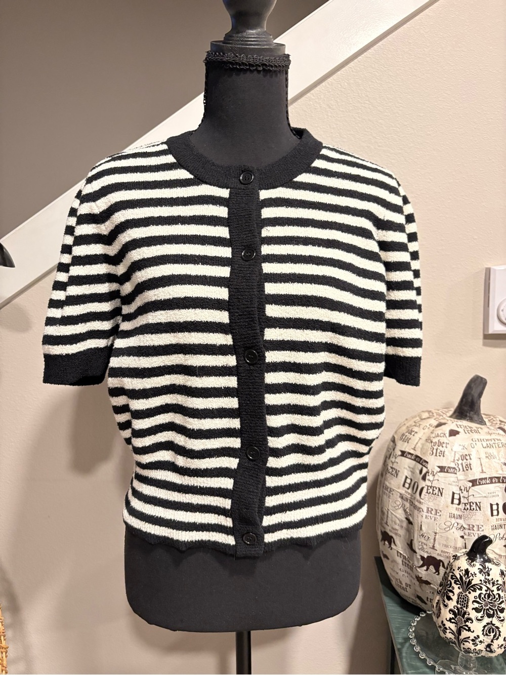 Marled Black & White Striped Short-Sleeve Cardigan